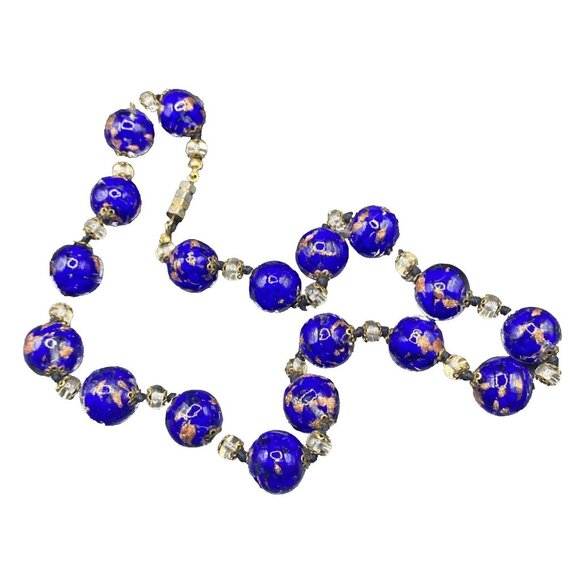 Venetian Jewelry - Vintage Cobalt Blue Necklace Gold Foil Venetian Glass Bead 19" Hand Knotted